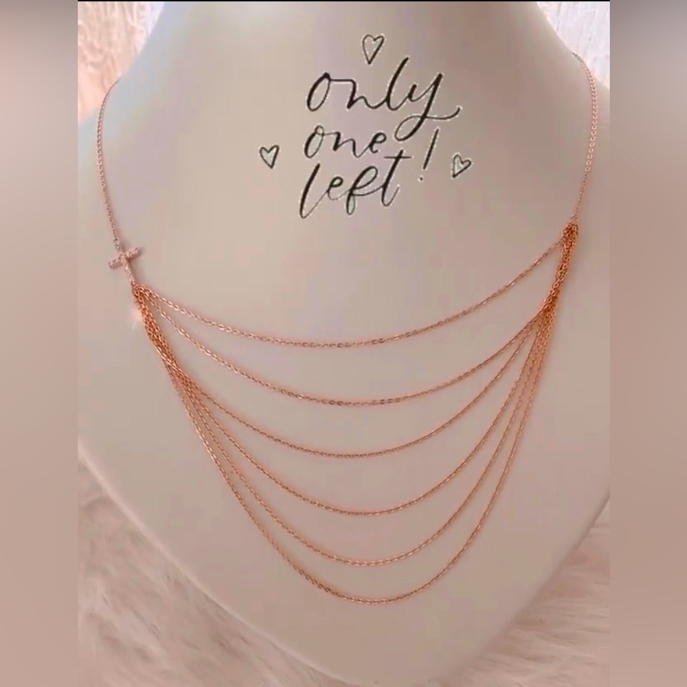Sterling Silver Rose Gold Plated Multi-Strand Cascade Necklace with CZ Cross